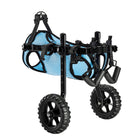 Lightweight adjustable dog wheelchair for small breeds showing aluminum frame and wheels