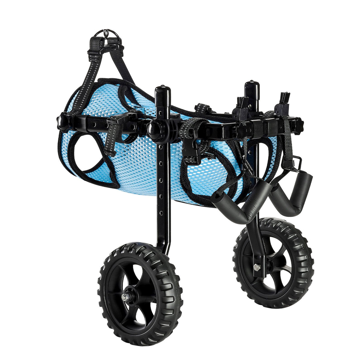 Lightweight adjustable dog wheelchair for small breeds showing aluminum frame and wheels